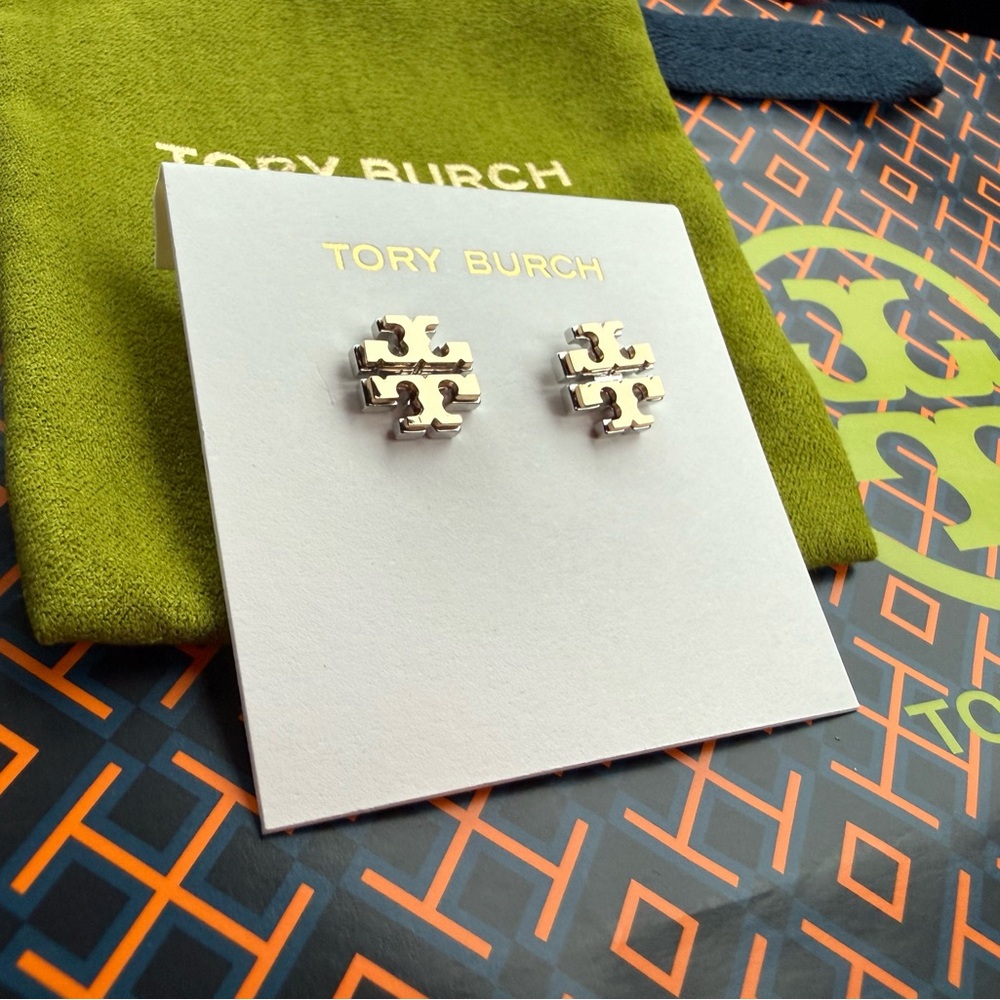 NWT! Tory Burch logo stud earrings in double gold: gold and silver tones